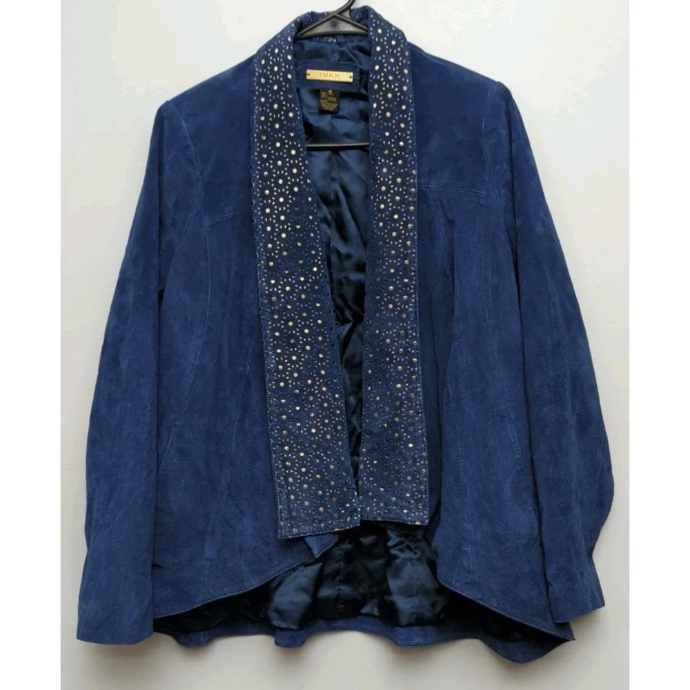 L1 IMAN Genuine Soft Leather Suede Women's Sz M Blue w/Gold Eyelet Collar Jacket